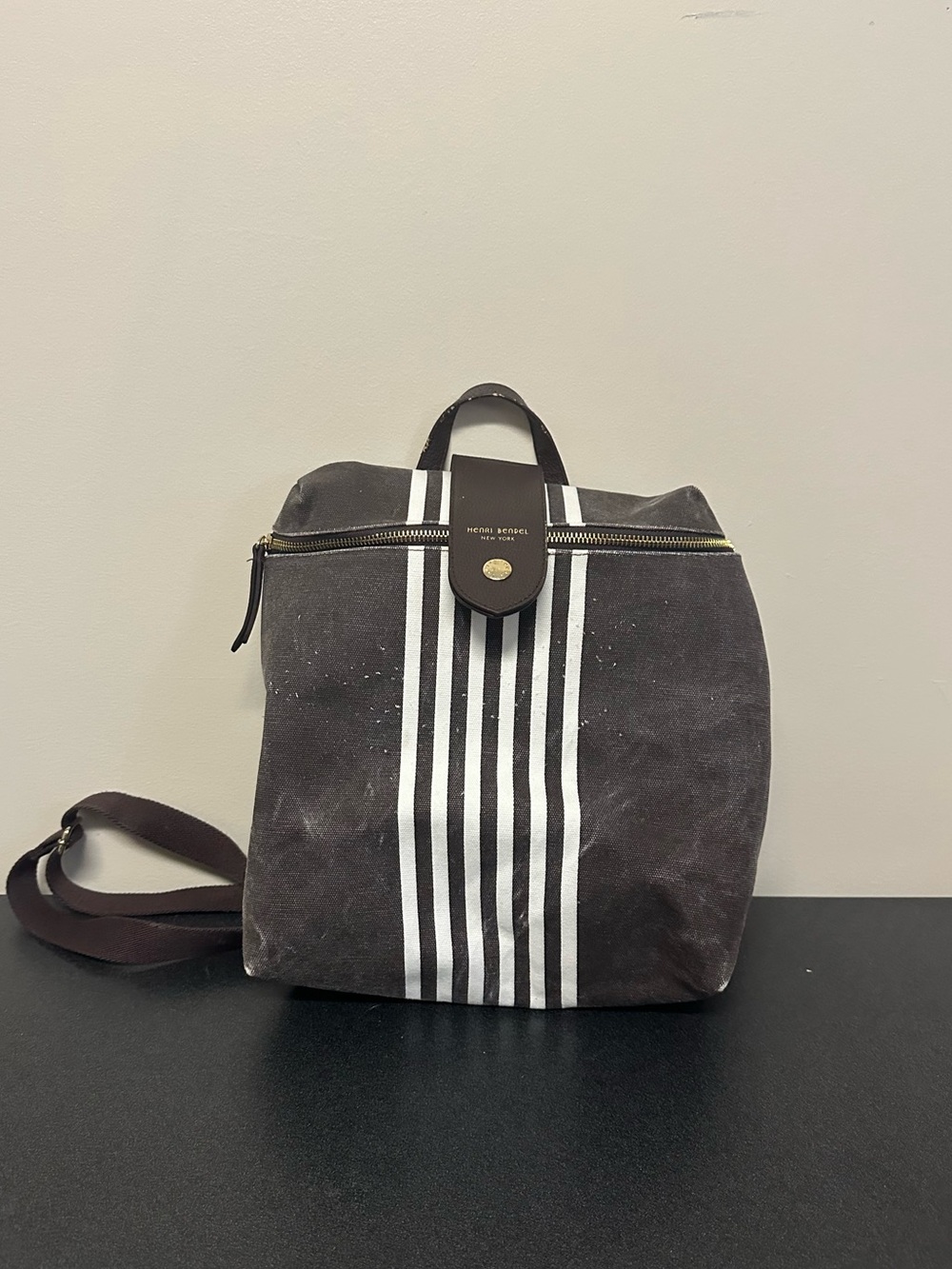 Henri Bendel Convertible Canvas Backpack Stripe Purse Bag